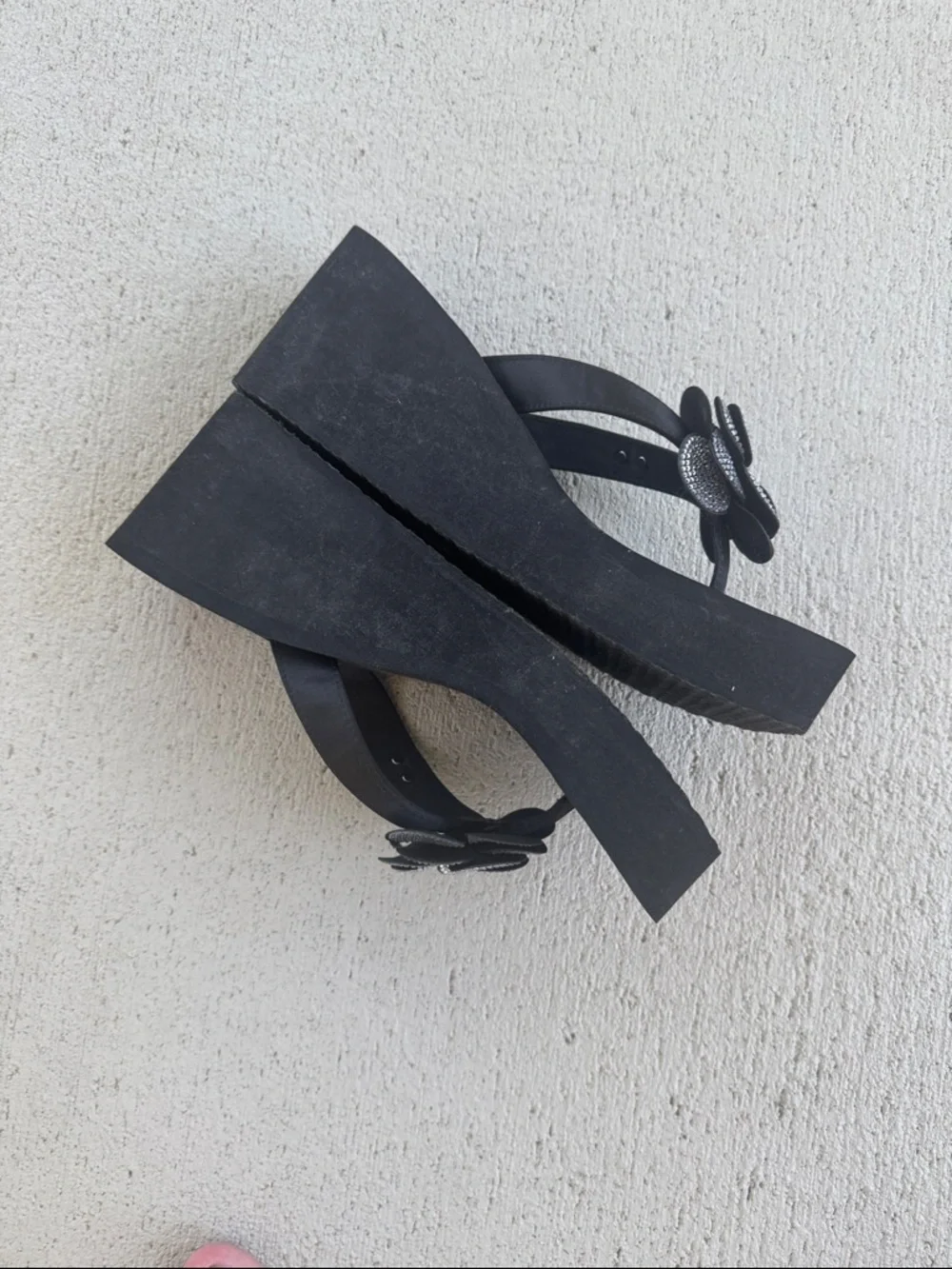 GUESS Black Wedge Sandal with Crystal Flower Accent